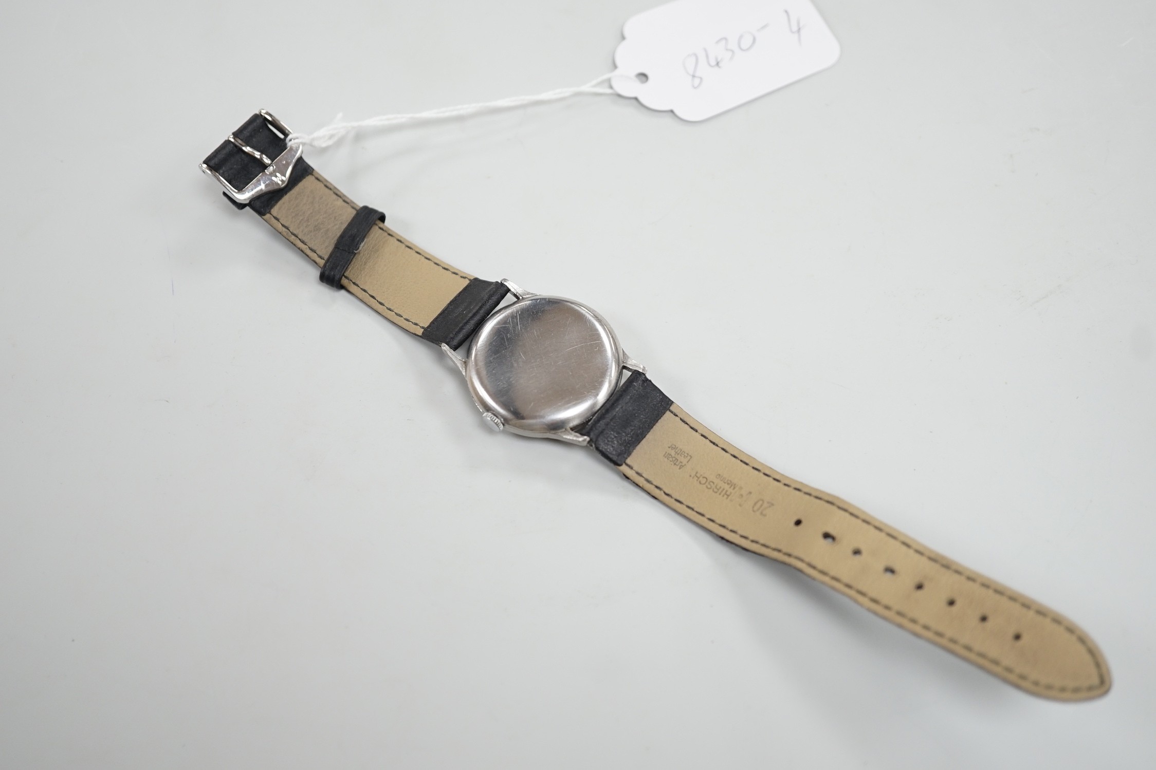 A gentleman's stainless steel Zenith manual wind wrist watch, the movement signed Mappin, on later associated leather strap, case diameter 36mm.